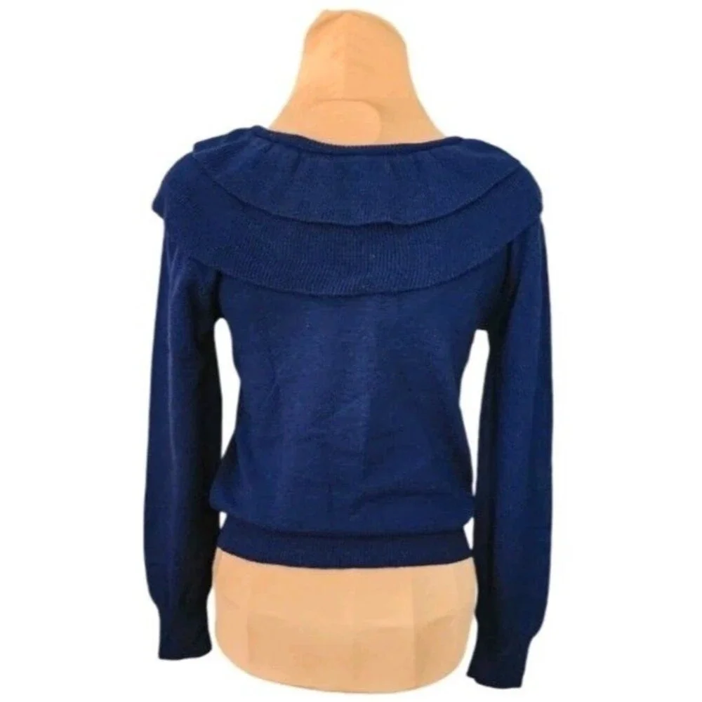 Vintage 80s Lord & Taylor Cozy Knit Lambswool Sweater Blue Tiered Collar‎ Small